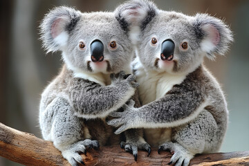 Fototapeta premium Two adorable koalas sitting closely together on a branch, showcasing their playful nature.