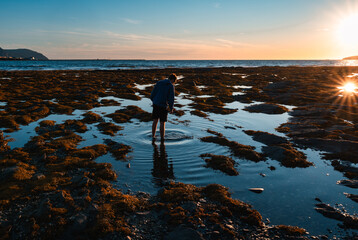 Teen exploring tidal pools on rocky beach in Newfoundland at sunset.