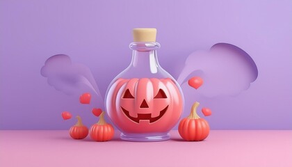 A whimsical Halloween potion bottle with a carved pumpkin design, surrounded by cute pumpkins and playful smoke effects.