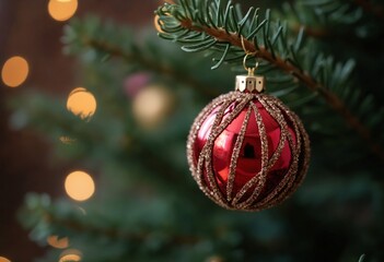 Fototapeta premium A decorative glass bauble on a fir branch against a blurred background, reflecting the essence of both the Christmas holidays and the New Year celebration