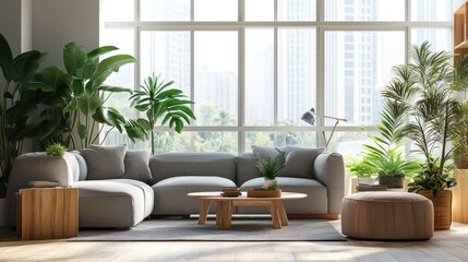 Minimalist living room with soft gray sofas, wooden accents, and indoor plants bathed in natural light from large floor-to-ceiling windows.