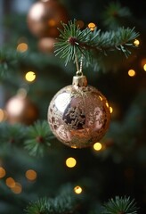 A decorative glass bauble on a fir branch against a blurred background, reflecting the essence of both the Christmas holidays and the New Year celebration