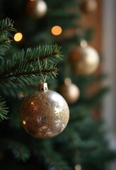 A decorative glass bauble on a fir branch against a blurred background, reflecting the essence of both the Christmas holidays and the New Year celebration