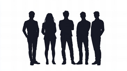 silhouettes of five casually dressed individuals standing together, creating a modern and minimalistic representation of a group interaction