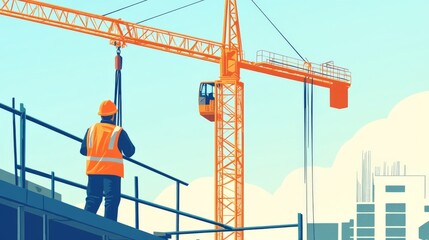 Construction Worker and Crane on a Building Site