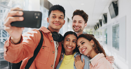 Happy people, students and hug with selfie for picture, memory or photography at internship. Young, group and friends with smile for support, moment or capture in learnership programme at workplace