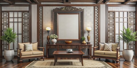 Interior of traditional Chinese style living room with tea table and blank empty frame for mock up, traditional