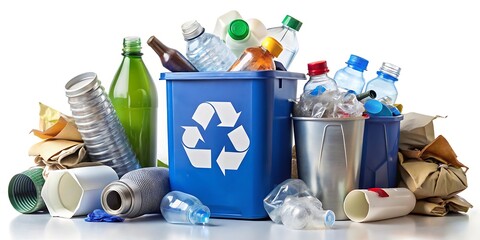 a collection of recyclable items including paper and plastic bottle