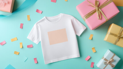 Stylish custom printed t shirt on colorful background with gifts, perfect for unique messages and celebrations. great choice for personal expression and gifting