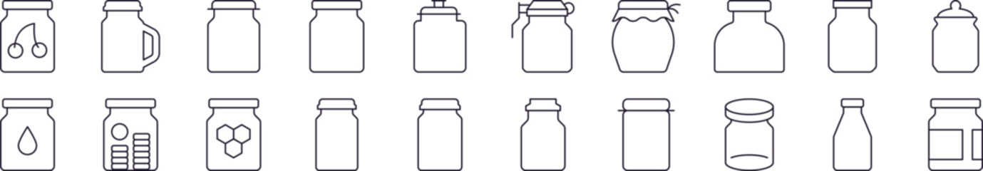 Glassware Line Icon Bundle. Modern Collection for Design, Web Sites, Apps, Cards. Contains Linear Images of Glass Jar