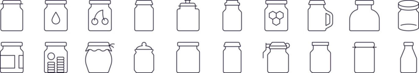 Glassware Line Icon Pack. Modern Collection for Design, Web Sites, Apps, Cards. Contains Linear Images of Glass Jar