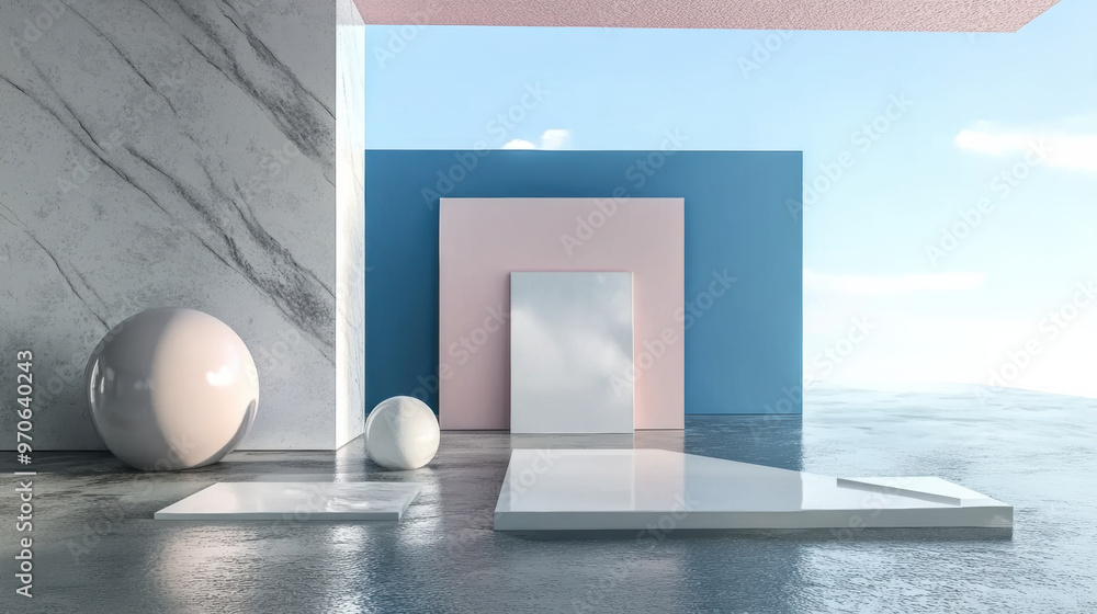 Poster Modern architectural design features geometric shapes and soft colors, creating serene atmosphere. interplay of light and shadow enhances minimalist aesthetic