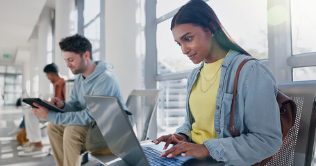 Student, laptop and smile in university for education, studying and academic preparation for class....