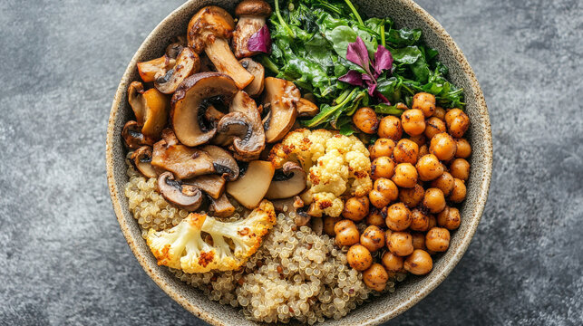 This lunch bowl is packed with protein and good stuff! It's got mushrooms, roasted cauliflower, flavorful chickpeas, and quinoa.