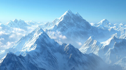 Obraz premium Majestic snow capped mountains rise under clear blue sky, creating breathtaking winter landscape. serene beauty evokes sense of peace and wonder