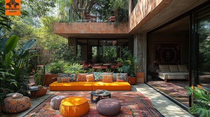 Naklejka premium Cozy outdoor lounge with vibrant cushions and lush greenery.