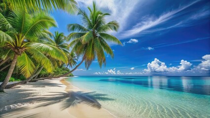 Tropical beach with palm trees, white sand, and crystal clear ocean, perfect for a summer holiday getaway, vacation, beach