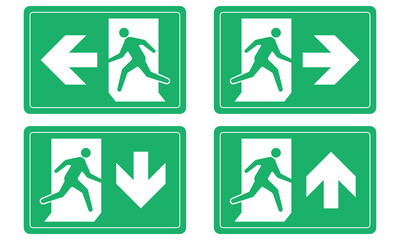 Evacuation sign. Set of emergency exit route signs with various direction arrows