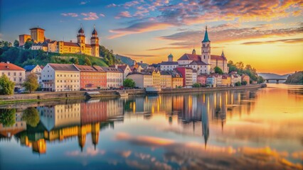 Fototapeta premium Breathtaking view of Passau, reflected in the Danube River at sunset , Passau, Bavaria, Germany, skyline