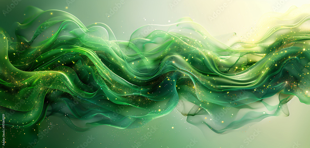 Poster a flowing abstract design with shades of green and sparkling elements, creating a sense of elegance 