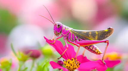 Vibrant Grasshopper with Pink Patterns Against Floral Blur Background in Negative Space