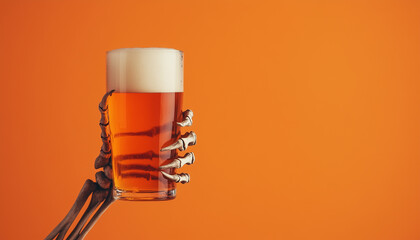 Skeleton hand holding a glass of beer, orange background, copy space