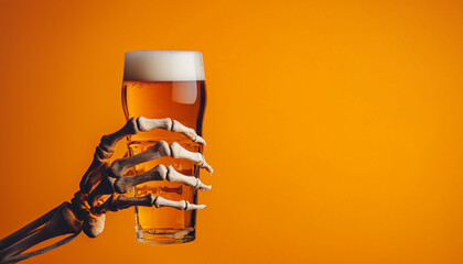 Skeleton hand holding a glass of beer, orange background, copy space