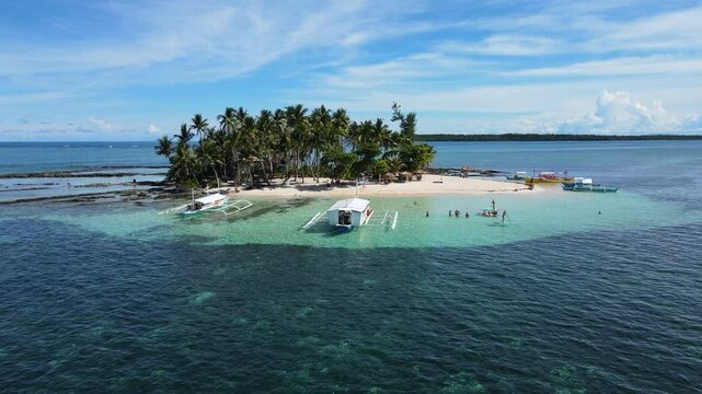 Aerial drone shot of Guyam Island in Siargao, Philippines, showcasing a pristine white sand beach, clear turquoise waters, and lush tropical scenery, Perfect for nature or travel themed projects.