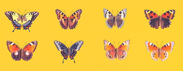 Colorful Exotic Butterfly Collection on Vibrant Orange Background with Unique Wing Patterns