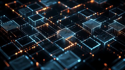 Obraz premium Digital squares connected in a blockchain pattern, with data flowing on black background