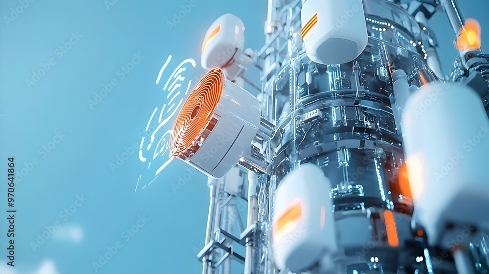 Poster close up view of advanced 5g cellular signal tower with technological antennas