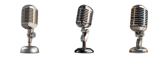 Three vintage style microphones standing in a row isolated on transparent background