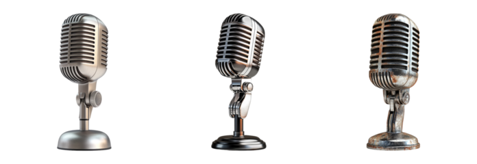 Three vintage style microphones standing in a row isolated on transparent background