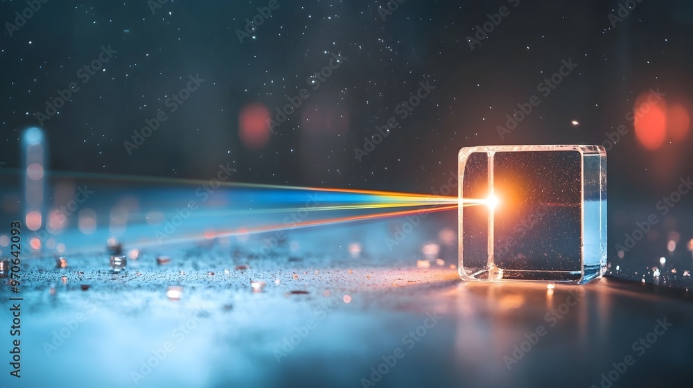 Fototapete close up view of laser beam passing through crystal prisms creating vivid spectrum on lab table