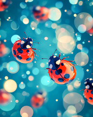 Fototapeta premium Playful Ladybugs on Vibrant Blue Background with Bokeh Effect - Cheerful and Fun Design for Nature Lovers