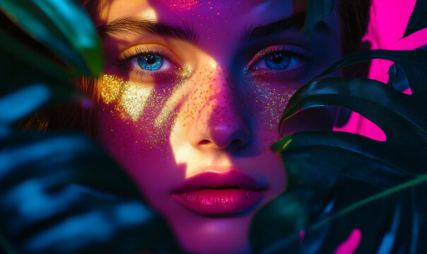 Close-up portrait of a beautiful woman with colorful glitter on her face, surrounded by neon tropical leaves, vibrant pink and yellow lighting, fashion photography, high contrast, hyper-realistic, cin