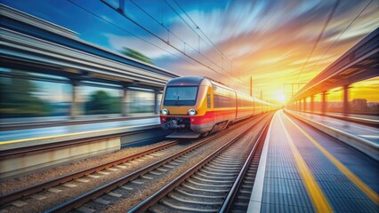 Obraz premium Blurred view of a fast-moving train on the tracks , motion, speed, transportation, railway, travel, vehicle