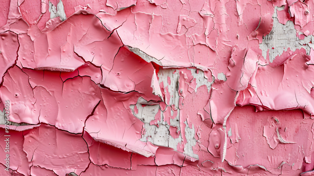 Poster an artistic close-up of peeling pink paint on a textured surface, revealing layers and creating a vi