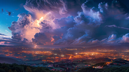 Fototapeta premium A dramatic landscape showcasing a thunderstorm with vibrant lightning illuminating the sky over a sprawling city, capturing nature's power in stunning detail.
