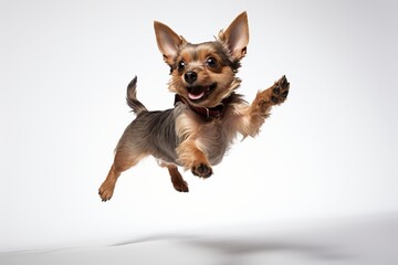 A small, energetic dog jumps excitedly with its ears perked up and tail wagging