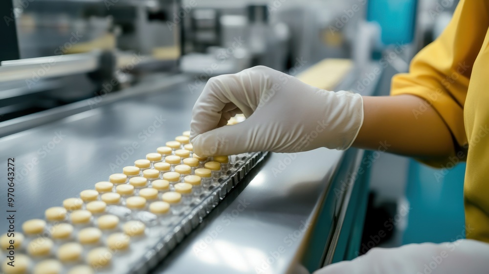 Poster worker using gloves to handle delicate products during qc checks, fragile product qc, safety handlin
