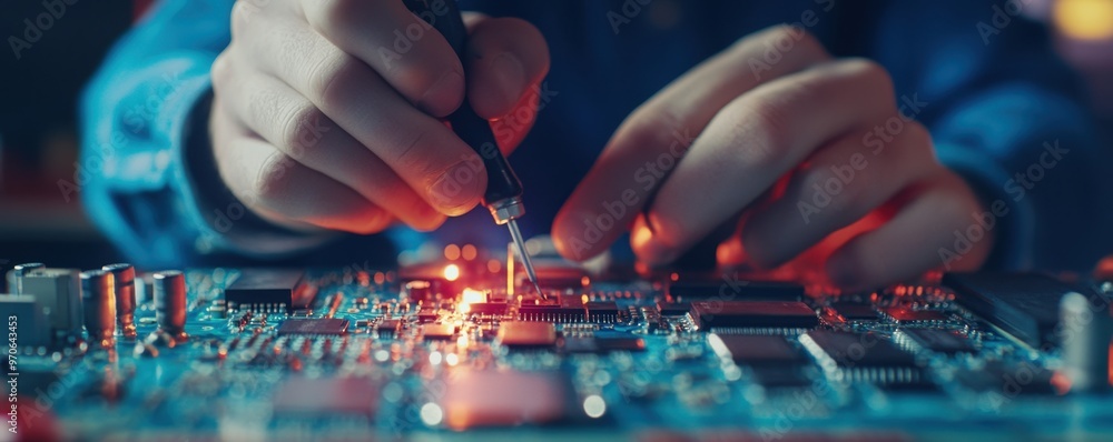 Poster engineer testing electronic circuit boards with precision tools, electronics qc, component verificat
