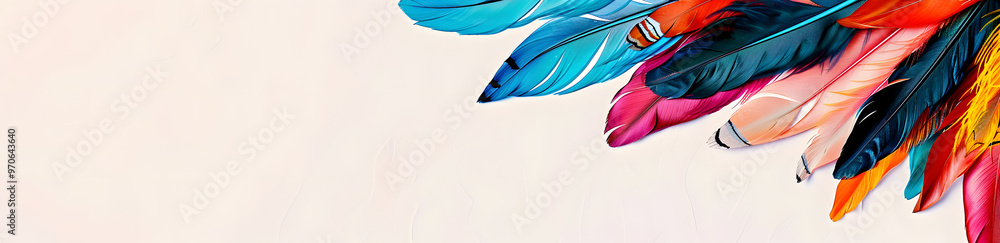 Wall mural Colorful feathers arranged in a corner on a light background, Day of the world's Indigenous peoples banner with copy space