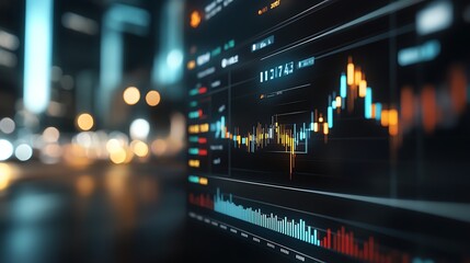 Obraz premium Close-up of a financial trading chart displaying market trends and data in vibrant colors, ideal for business and finance visuals.