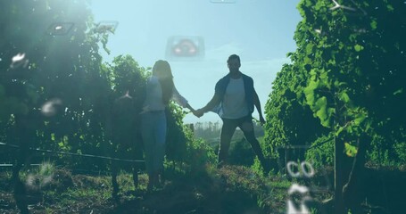 Animation of network of eco icons over caucasian couple in vineyard - Powered by Adobe