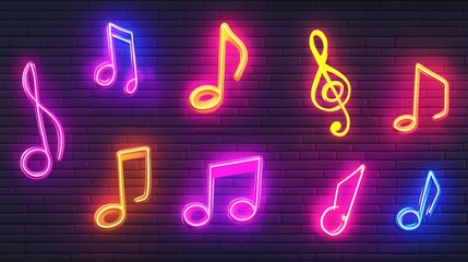 Neon Music Notes on Brick Wall