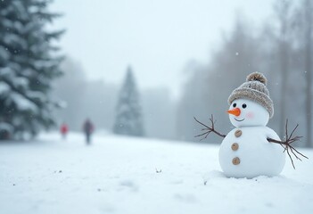 Obraz premium A panoramic view of a snowman taking a stroll in winter scenery with copy space