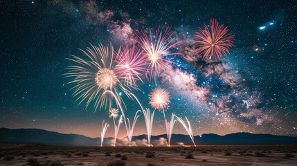 A stunning display of colorful fireworks lighting up the night sky, set against a backdrop of stars and mountains, creating a festive atmosphere.