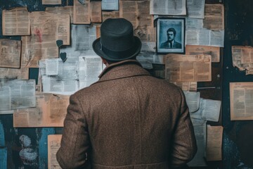 Professional detective reflects thoughtfully on elusive clues pinned to wall in the soft, dim light