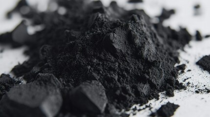 A close-up of charcoal powder in a small pile on a white surface, highlighting its smooth texture and rich black hue